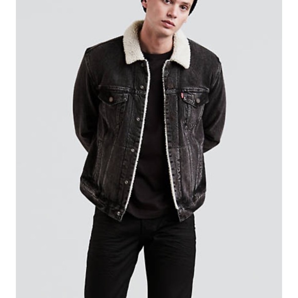 black denim sherpa jacket mens